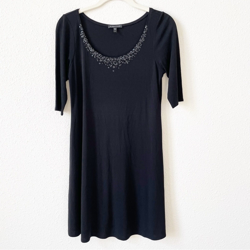 Eileen Fisher 100% Silk Tunic Top Black Size XS Sequin Holiday Party Goth